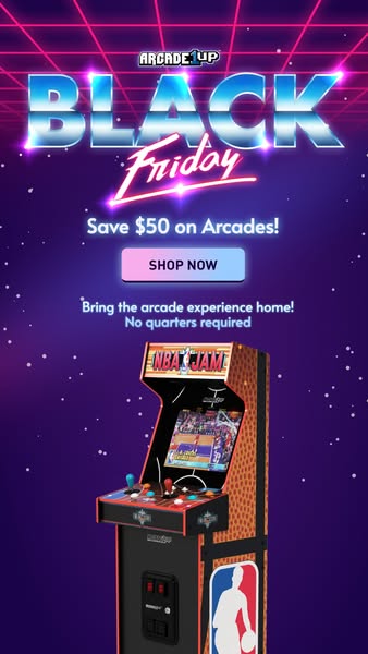 This ad promotes Arcade1Up's Black Friday sale, highlighting a $50 discount on arcades and emphasizing the convenien