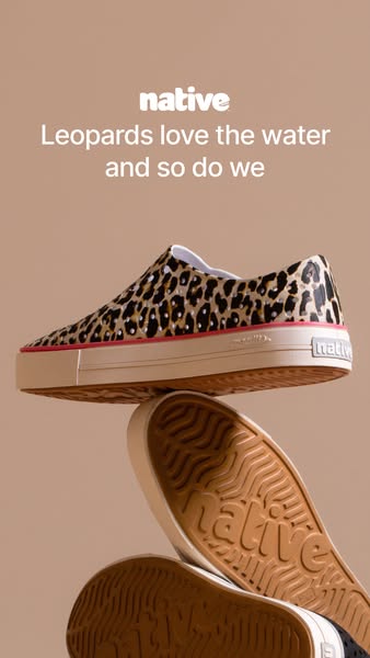 This ad for Native shoes features an image of their slip-on sneaker with a brown leopard print. The shoes are stacked on