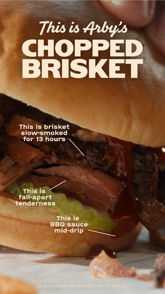 The ad showcases Arby's chopped brisket sandwich, emphasizing its slow-smoked cooking process, fall-apart tenderness