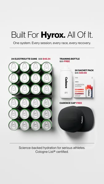 This ad is for Cadence brand electrolyte and hydration products. It features an overhead shot of their product line, inc