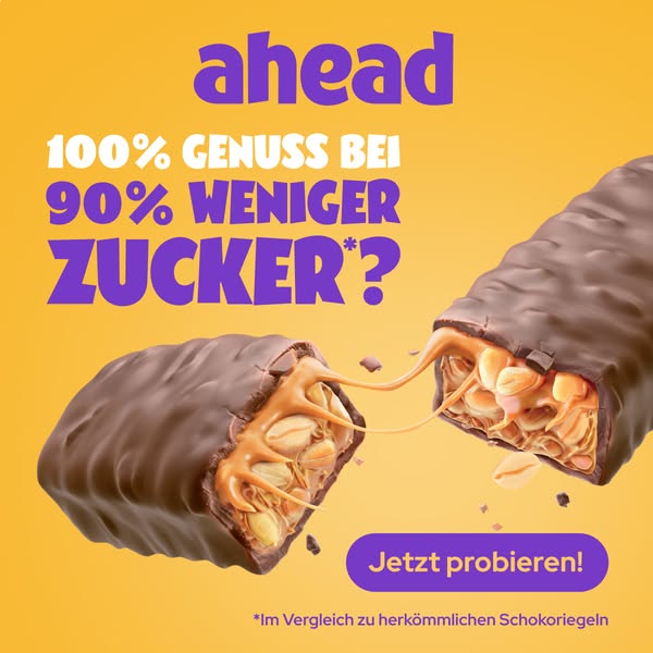 This image ad showcases a chocolate bar with peanuts and caramel, emphasizing its reduced sugar content while maintainin