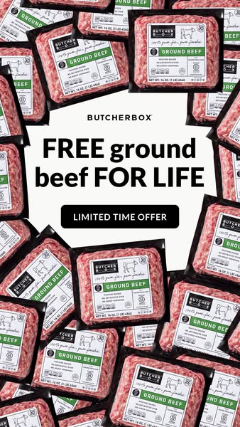 This image ad for ButcherBox promotes a limited-time offer of free ground beef for life. The ad features multiple packag