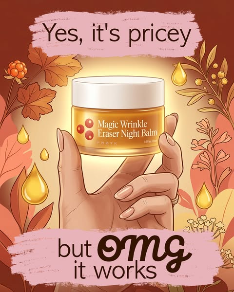 This image ad shows a cartoon-style drawing of a hand holding the brand's 'Magic Wrinkle Eraser Night Balm' 