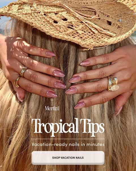 This image ad showcases Mertini stick-on nails, highlighting how quick and easy they are to apply for a vacation-ready l