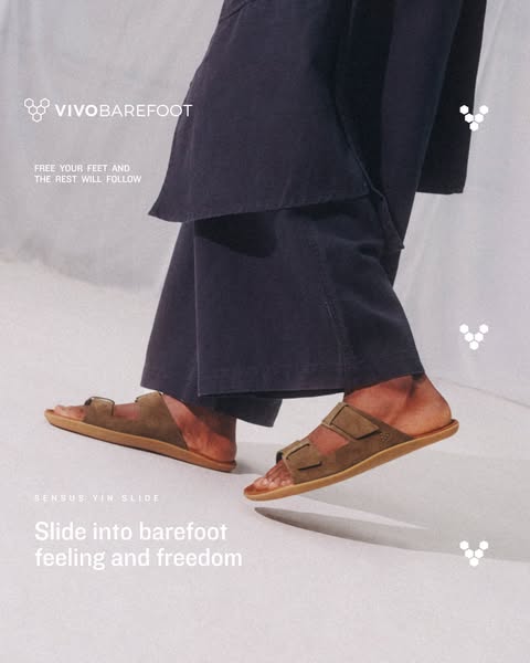 This ad showcases the VivoBarefoot Sensus Yin Slide, emphasizing the feeling of barefoot freedom.