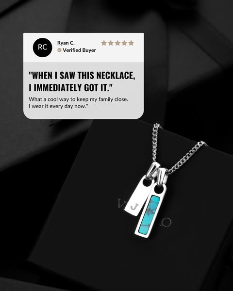 This ad uses social proof to advertise Vielo brand necklaces. It features a quote from a verified buyer who saw the neck