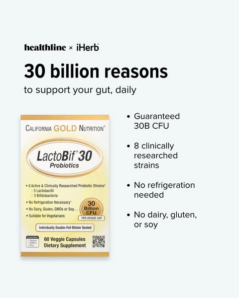 An advertisement for California Gold Nutrition LactoBif 30 Probiotics that highlights the product's benefits like th