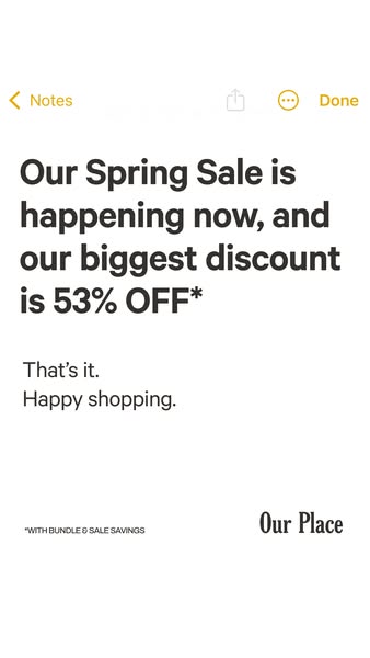 This ad is for Our Place, advertising their spring sale with a 53% discount. The ad is designed to look like a native no