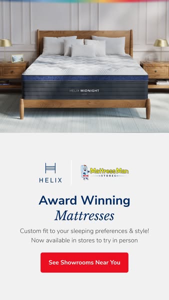 This image ad showcases the Helix brand of mattresses. The ad displays an image of a Helix Midnight mattress on a wooden