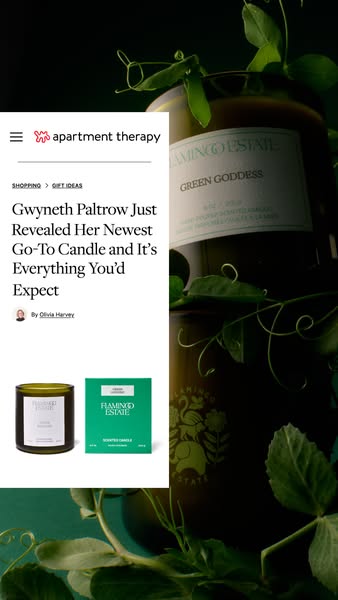 This ad promotes a Flamingo Estate Green Goddess candle via a news article from Apartment Therapy, where Gwyneth Paltrow