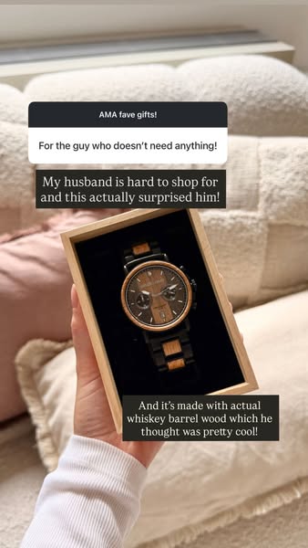 A person is promoting a wooden watch as a good gift for the man in your life who is hard to shop for.