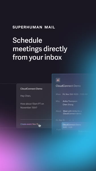This ad demonstrates how Superhuman Mail allows users to schedule meetings directly from their inbox. The ad shows the p