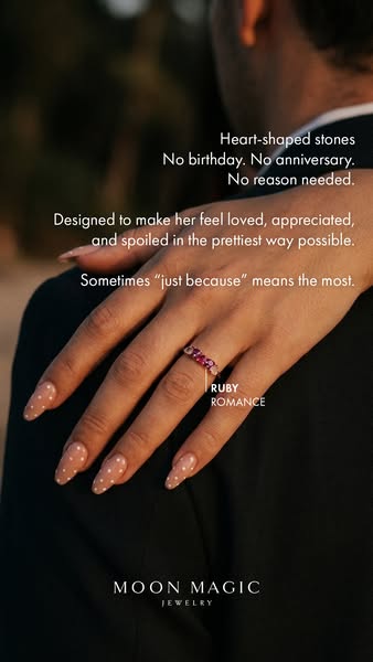 Ad for Moon Magic jewelry featuring a Ruby Romance ring. The ad copy emphasizes that gifting the ring doesn't requir