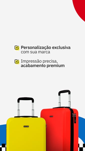 This ad showcases two suitcases in yellow and red, highlighting the features of exclusive personalization with your bran