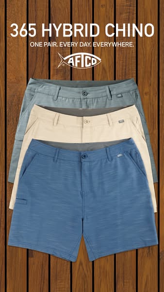 This image ad showcases the AFICD brand's 365 Hybrid Chino shorts, highlighting their versatility for everyday wear.