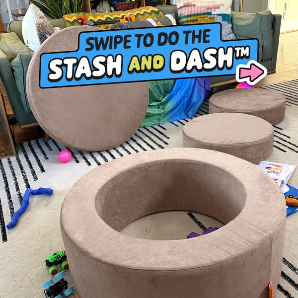This ad showcases the Stash and Dash product, a versatile storage solution designed to blend into a playroom, living roo