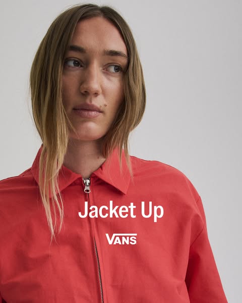 This ad features a close-up shot of a woman wearing a red Vans jacket, with the text "Jacket Up" displayed ove