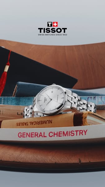 This ad showcases a Tissot watch placed on a stack of books, along with a graduation cap. The setting suggests academic 