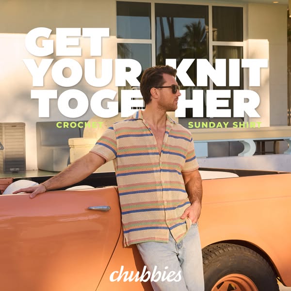 An image ad for Chubbies crochet Sunday shirts. The ad features a male model leaning against an orange vehicle, wearing 