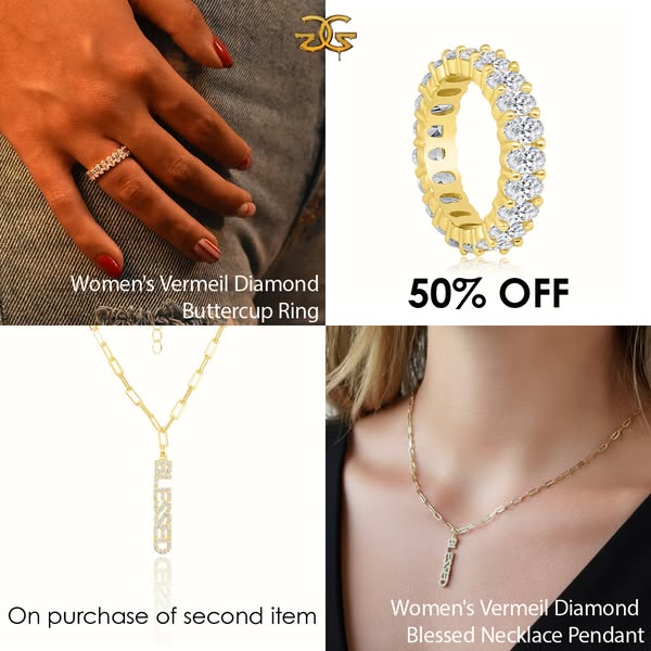 This is a split screen product ad that is showcasing a ring and a necklace, with an offer of 50% off and a discount on t