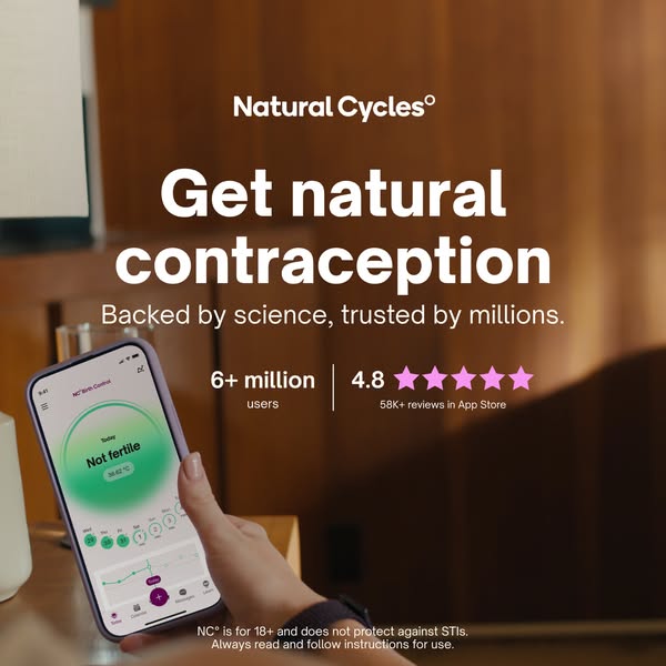 This image ad for Natural Cycles uses a smartphone to display the app’s fertility tracking data, paired with claims of s