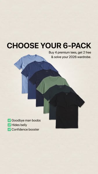 This ad promotes premium tee shirts that are available in 6 different colors. The ad conveys that the shirts solve wardr