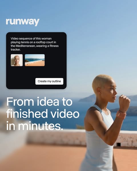 The ad presents Runway, a video creation platform, highlighting its capability to transform ideas into finished videos i