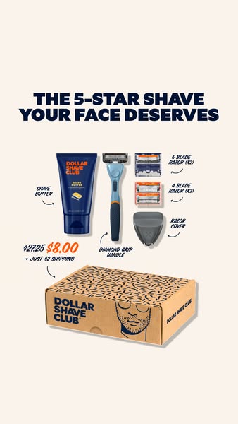 This image ad shows Dollar Shave Club products arranged on a neutral background, highlighting their shave butter, razor,