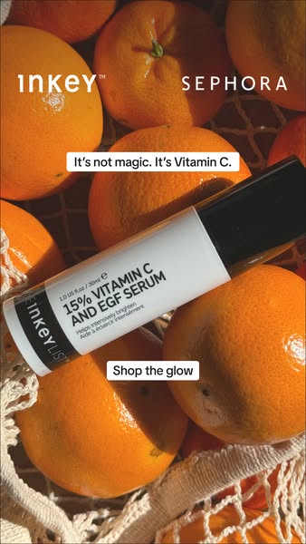 This ad by The Inkey List promotes its 15% Vitamin C and EGF Serum in partnership with Sephora. The ad uses an image of 
