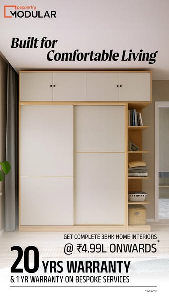 This image ad for Pepperfry Modular promotes complete 3BHK home interiors starting at ₹4.99L onwards, with a 20-year war