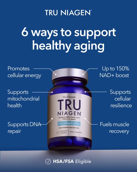 This ad showcases the Tru Niagen supplement and its key benefits for healthy aging. It emphasizes cellular energy, mitoc