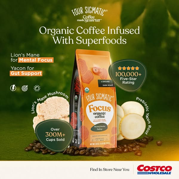 This ad promotes Four Sigmatic's Focus Organic Coffee, highlighting its infusion with superfoods like Lion's Man