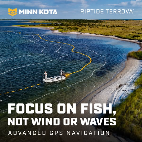 This image ad showcases the Minn Kota Riptide Terrova trolling motor. The ad highlights the ability to focus on fishing 
