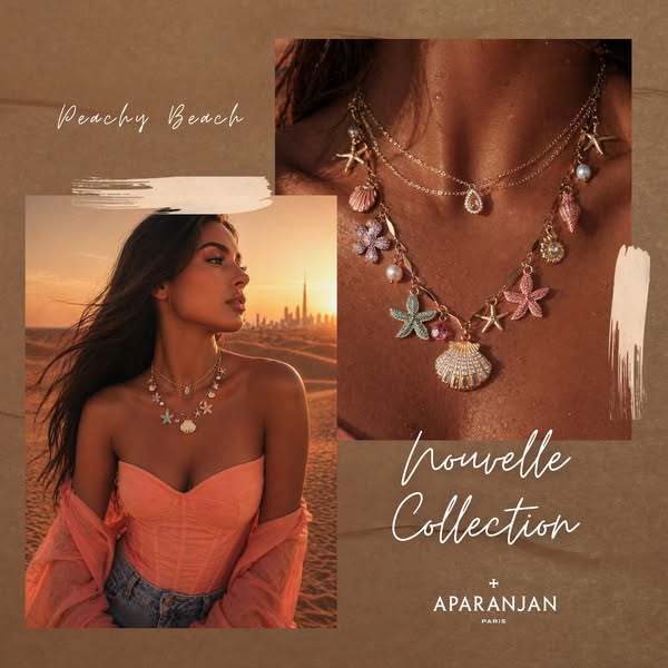 This image ad showcases a woman in a desert with the Dubai skyline in the background, wearing a layered seashell necklac