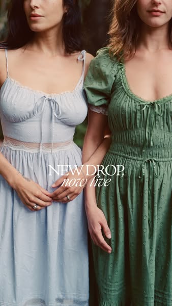 This image ad features two women wearing cottage-core dresses that are part of a new product drop.