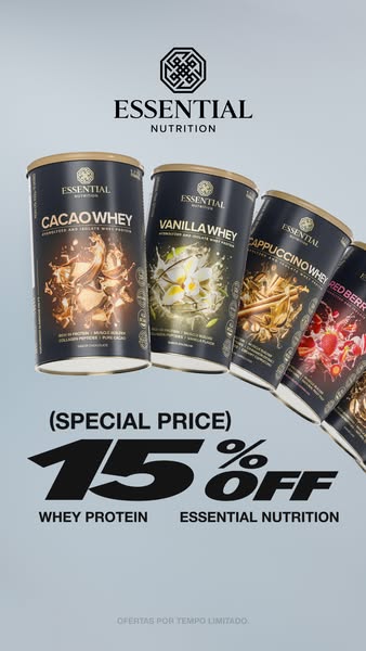 This ad promotes Essential Nutrition's whey protein, highlighting a special price of 15% off. It showcases multiple 