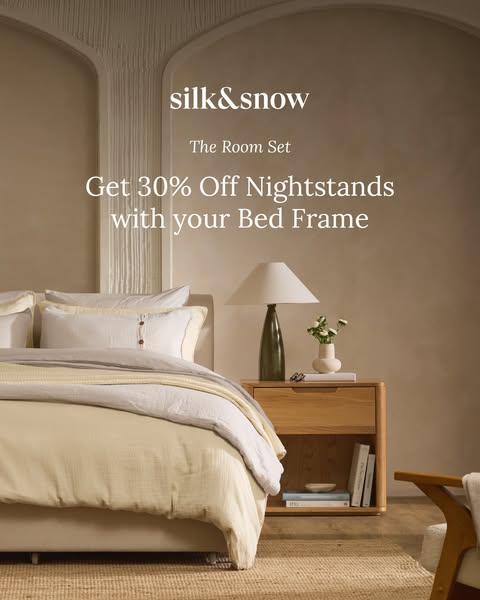 An ad promoting Silk & Snow's room set, offering a discount on nightstands with the purchase of a bed frame.