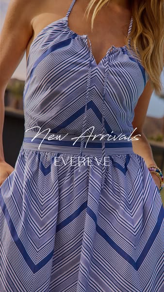 This ad features a woman wearing a blue and white striped dress. The ad focuses on the new arrivals from the brand Evere