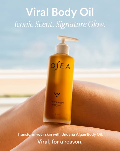 This ad showcases Osea's Undaria Algae Body Oil, touting its iconic scent and the signature glow it provides. The ad