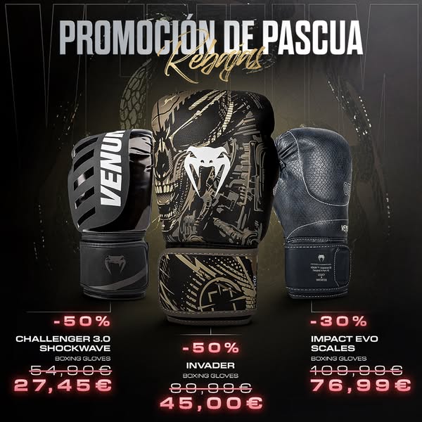 This image ad promotes Venum boxing gloves as part of an Easter promotion. It showcases three different models—Challenge