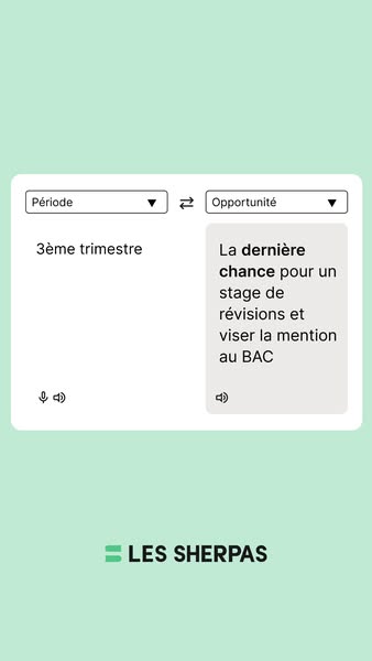 This ad is for Les Sherpas and uses a screenshot from a translation application to suggest that students sign up for rev