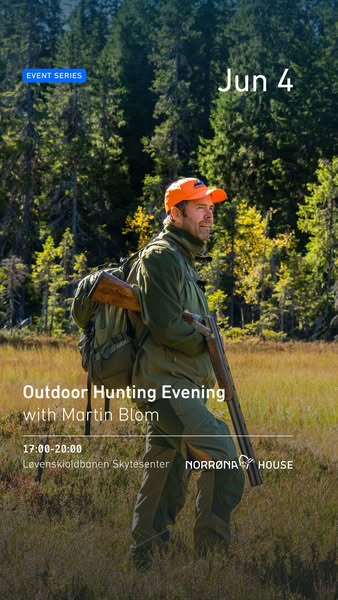 An advertisement promoting an outdoor hunting evening event with Martin Blom on June 4th at Løvenskioldbanen Skytesenter