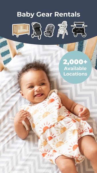 This ad uses a lifestyle photo of a baby on a chevron-patterned blanket to promote baby gear rentals, highlighting the a