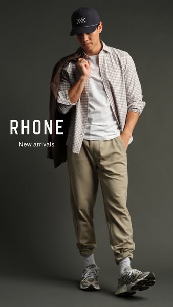 This ad from Rhone showcases the brand's new arrivals, featuring a man wearing a hat, shirt, t-shirt, pants, and sne