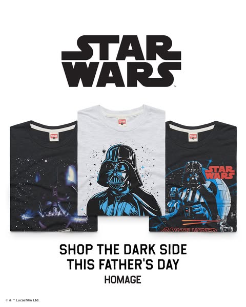 This Father's Day ad uses 3 Star Wars t-shirts featuring Darth Vader imagery to attract customers to "shop the