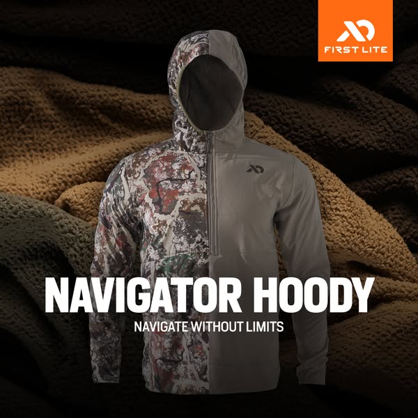 This image ad features the First Lite Navigator Hoody, highlighting its features and promoting its ability to allow user