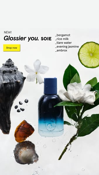 This ad promotes the Glossier You. SOIE fragrance by showcasing its unique blend of bergamot, rice milk, tiare water, ev