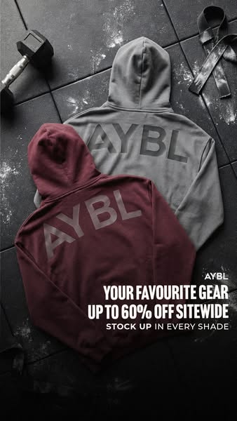 This ad showcases two AYBL hoodies with an offer of up to 60% off sitewide.