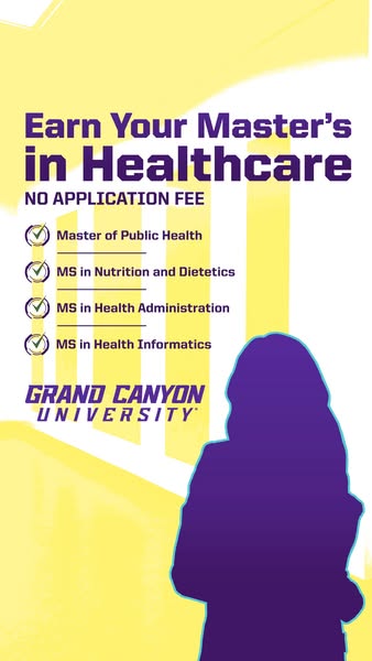 This is a social media image ad for Grand Canyon University, advertising a Masters degree in Healthcare. The ad lists th