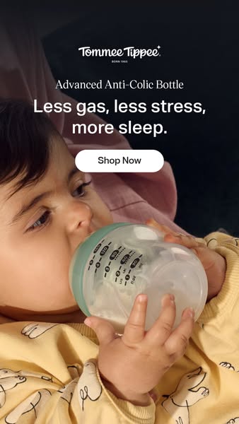 This image ad promotes Tommee Tippee's Advanced Anti-Colic Bottle. The ad emphasizes the bottle's ability to red